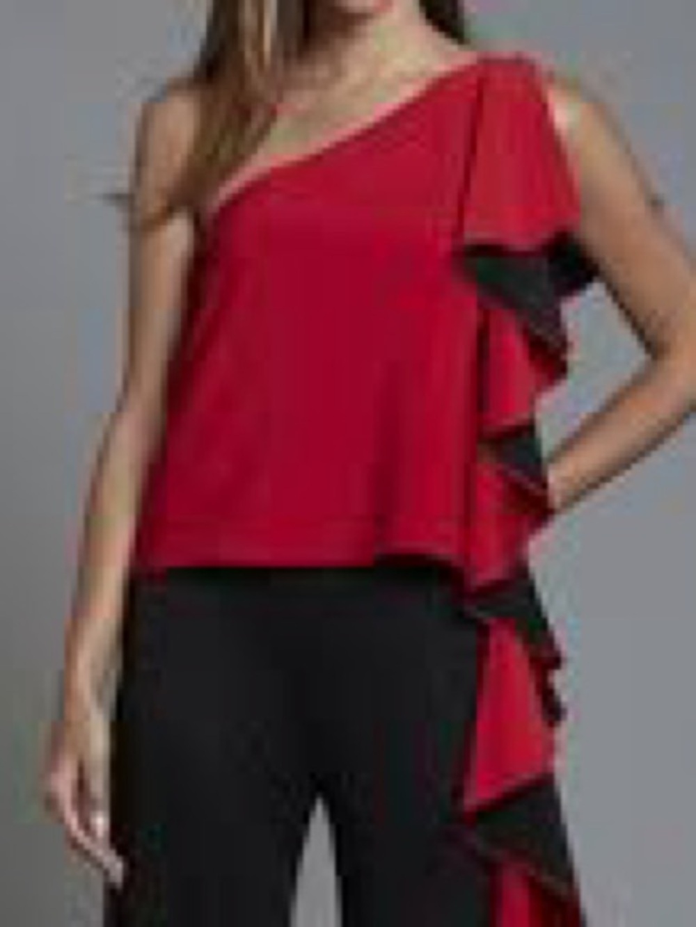 ALBERTO MAKALI Red Black One-Shoulder Ruffle Top Shirt Party Event M Cocktail